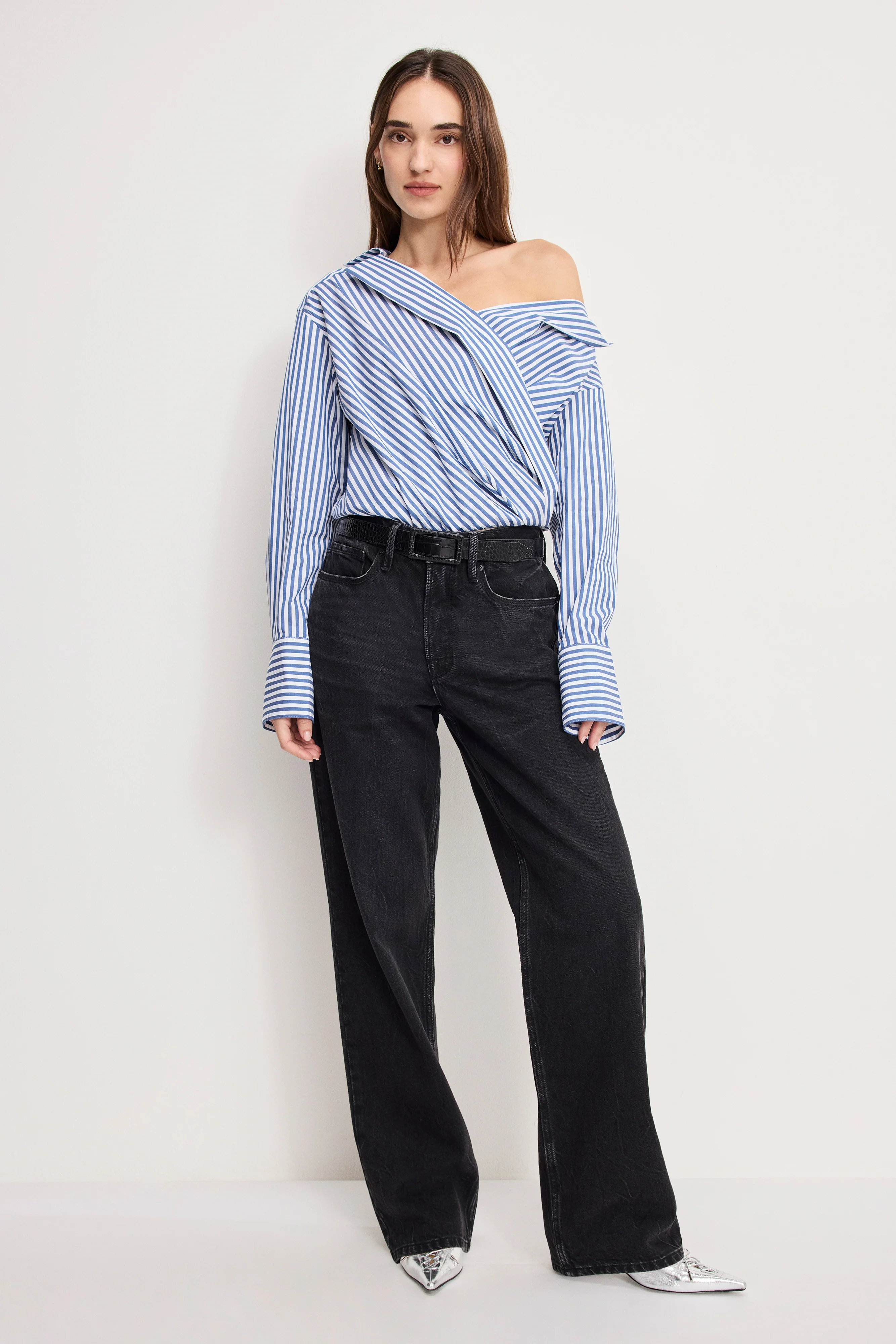 OFF-SHOULDER POPLIN BODYSUIT | INDIGO STRIPE