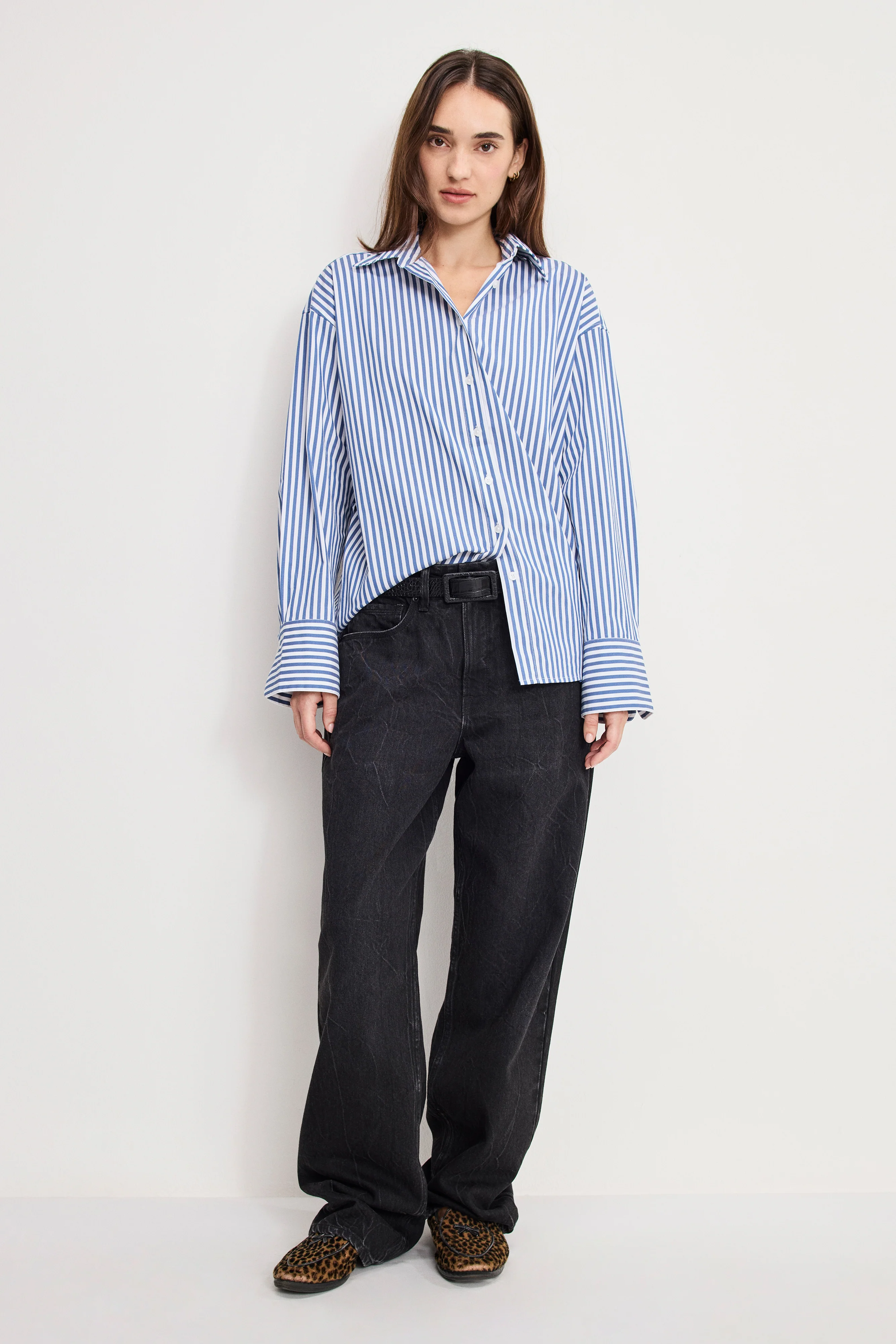 POPLIN OVERSIZED SHIRT W BUTTON ADJUSTABLE WAIST | INDIGO STRIPE
