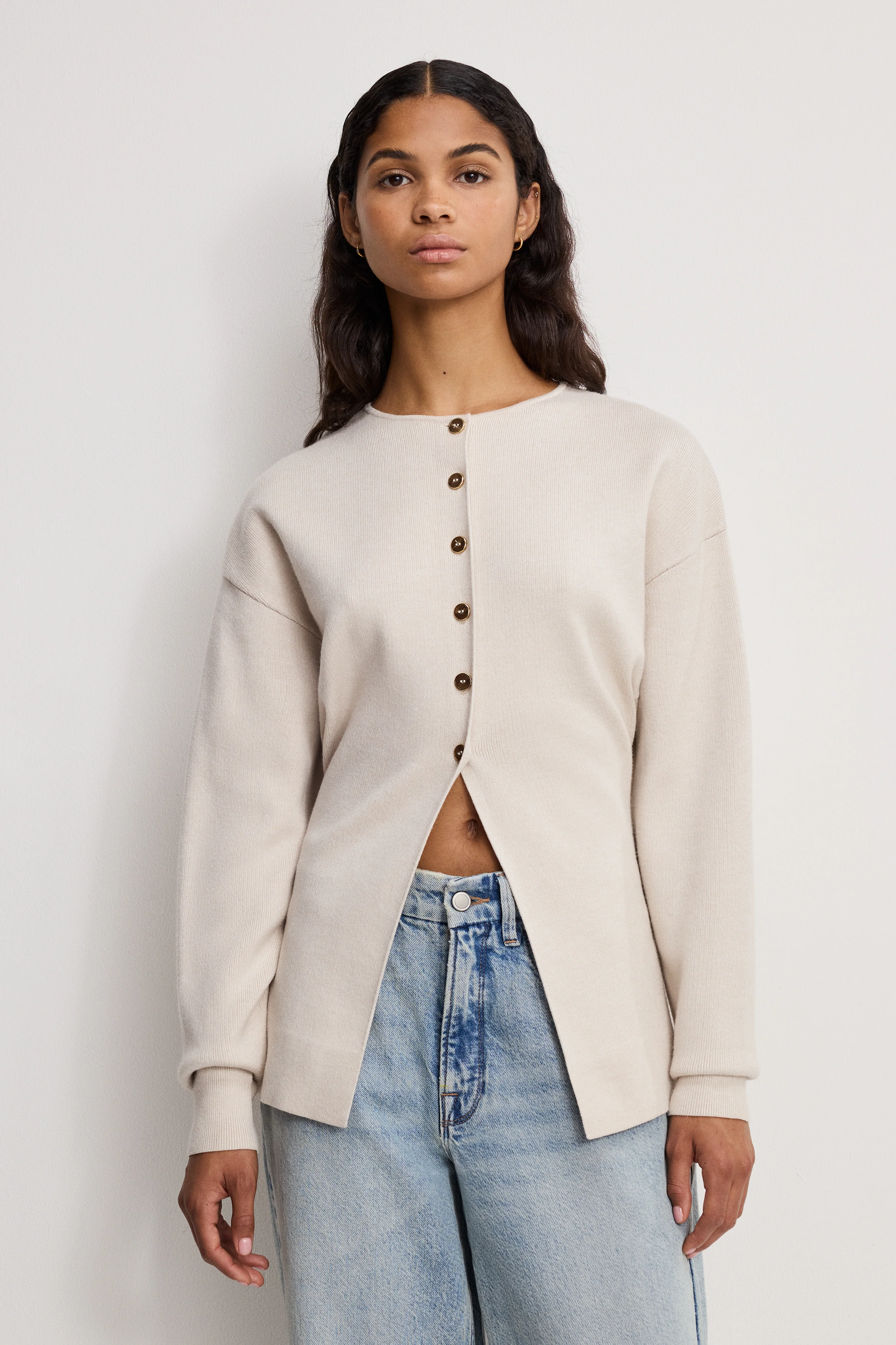 EXAGGERATED SLEEVE CARDIGAN SWEATER | LIGHT TAUPE