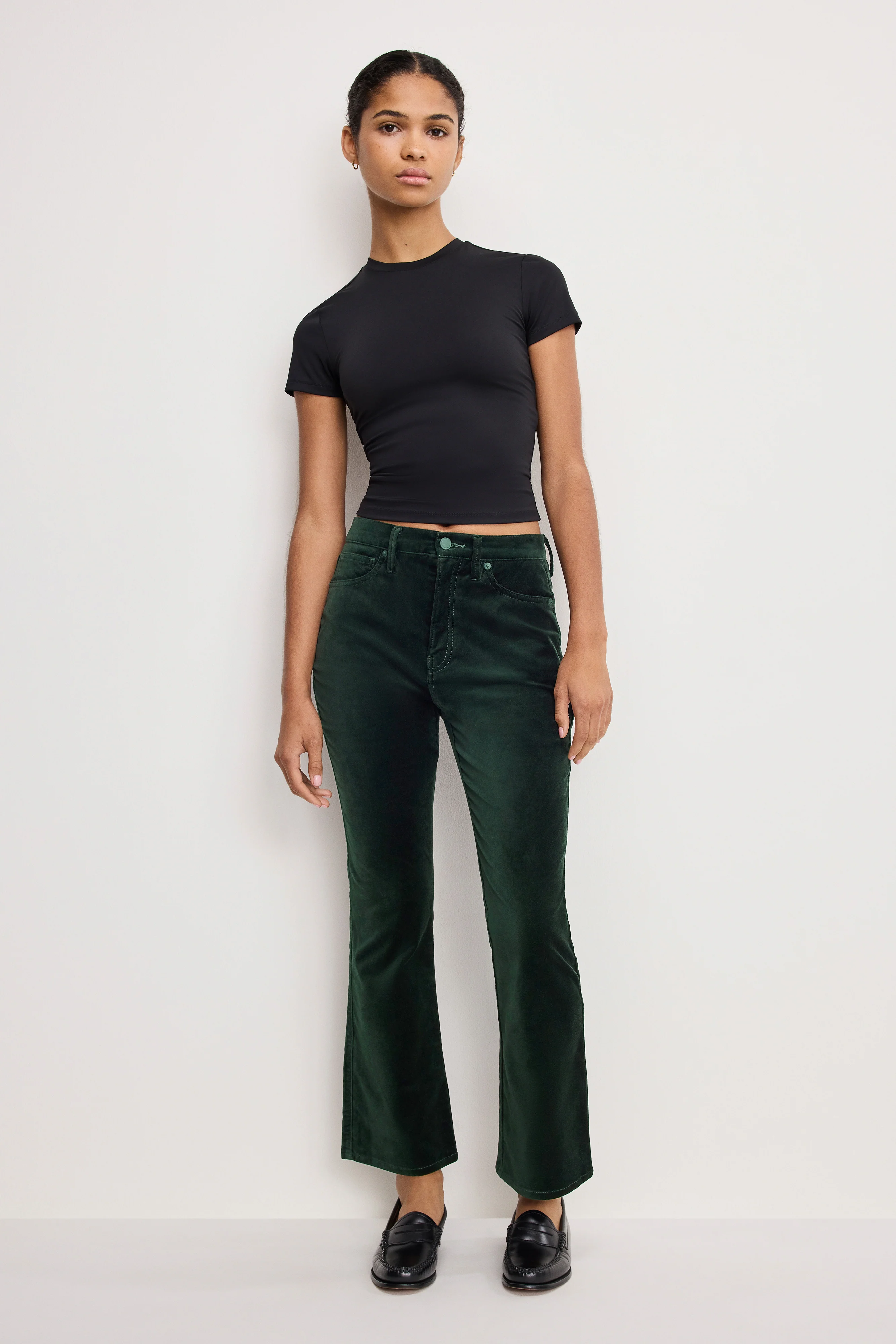 VELVET GOOD HIGH RISE KICK FLARE PANTS | PINE GREEN003