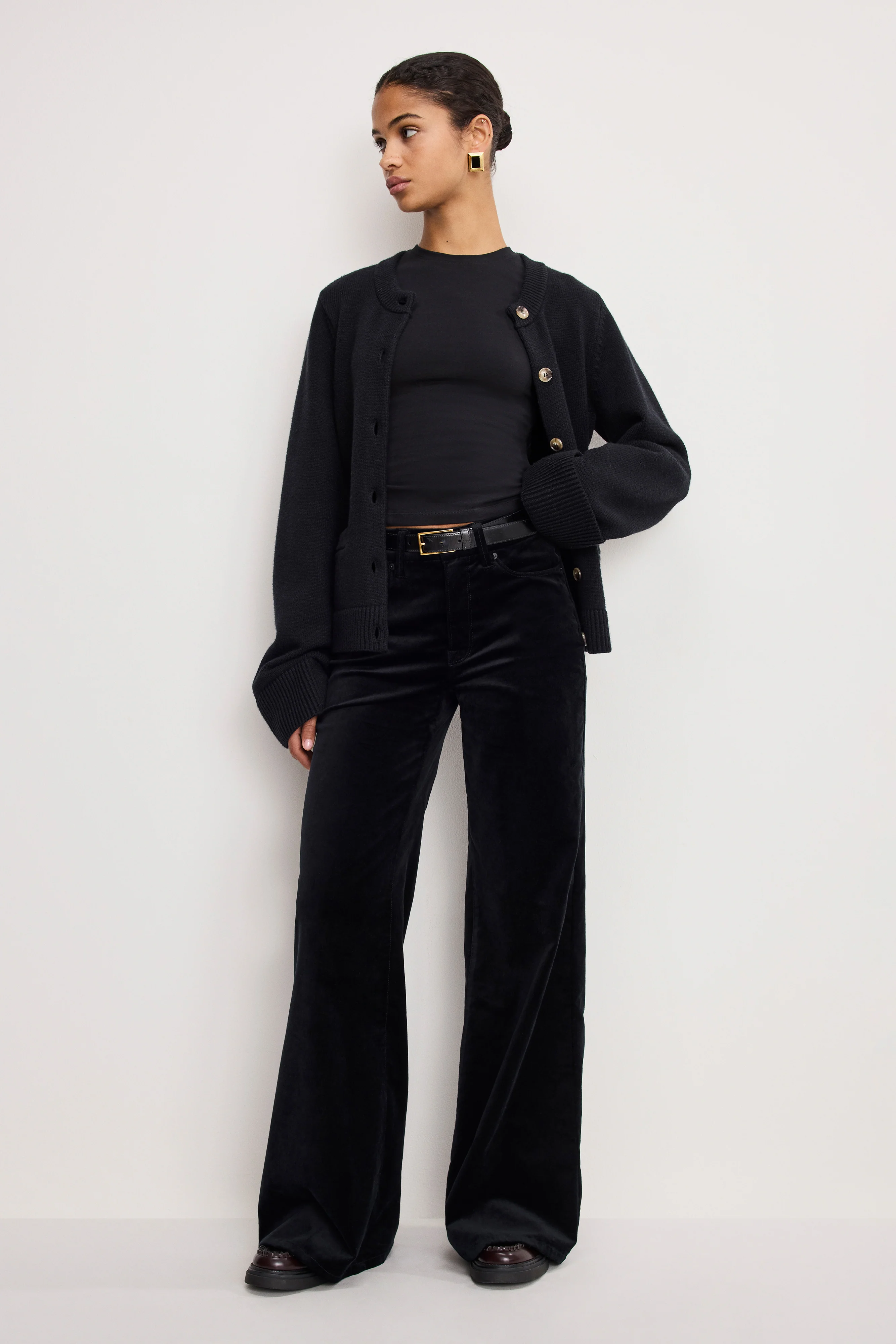 VELVET GOOD WAIST PALAZZO  PANTS | BLACK001
