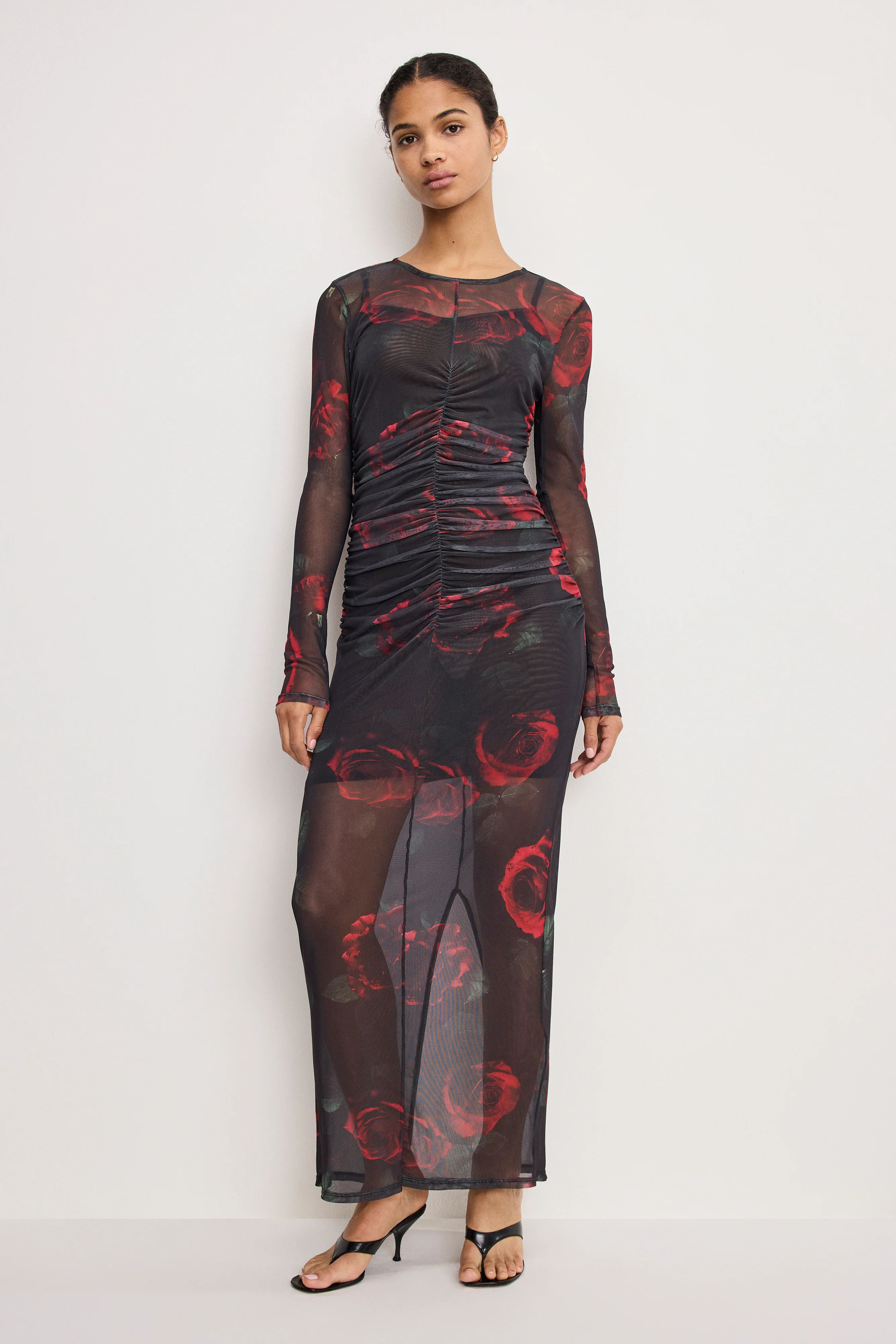 MESH RUCHED MAXI DRESS | MOODY RED ROSES001