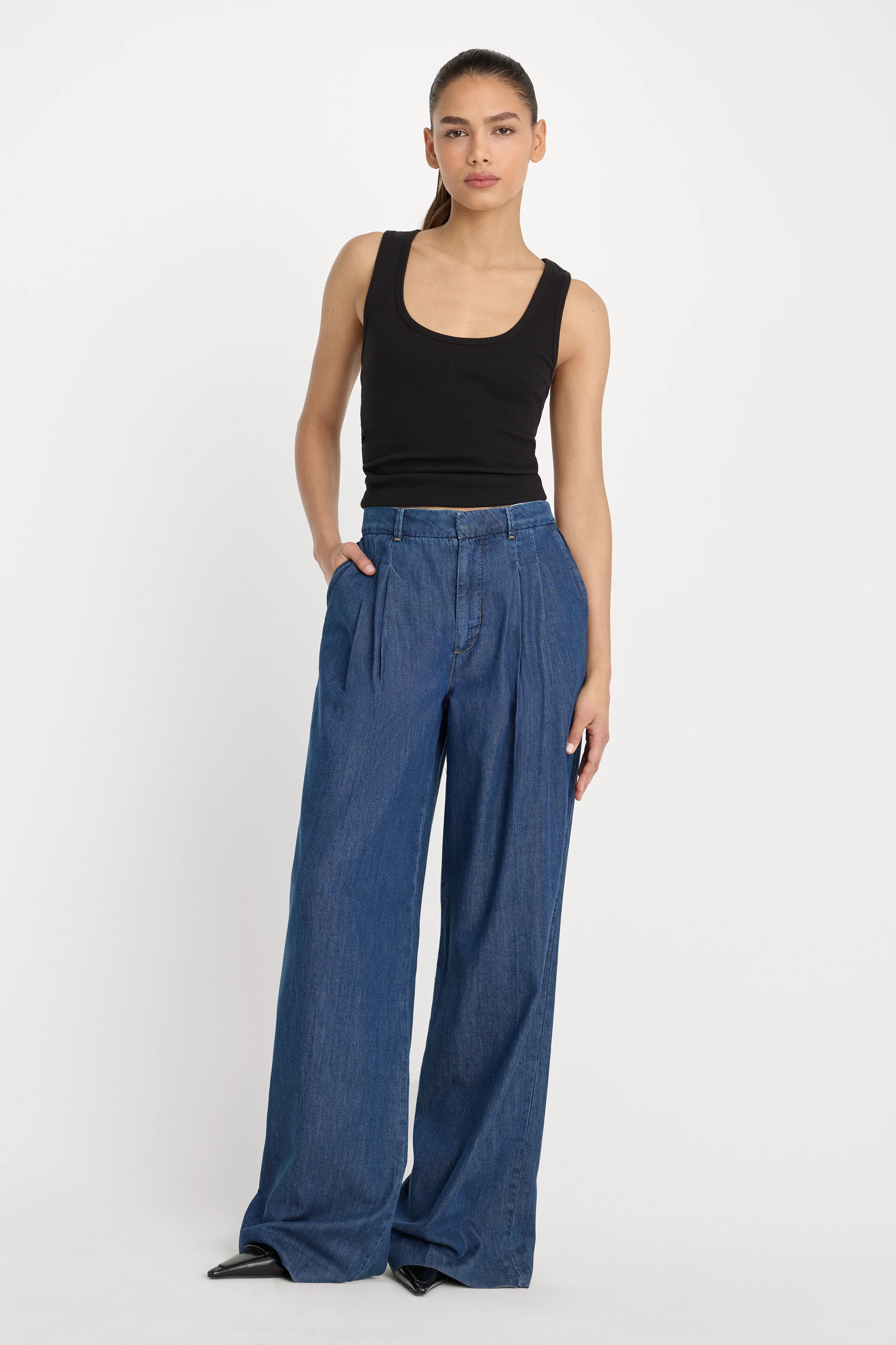 PLEATED HIGH WAISTED WIDE LEG TROUSER | INDIGO1187
