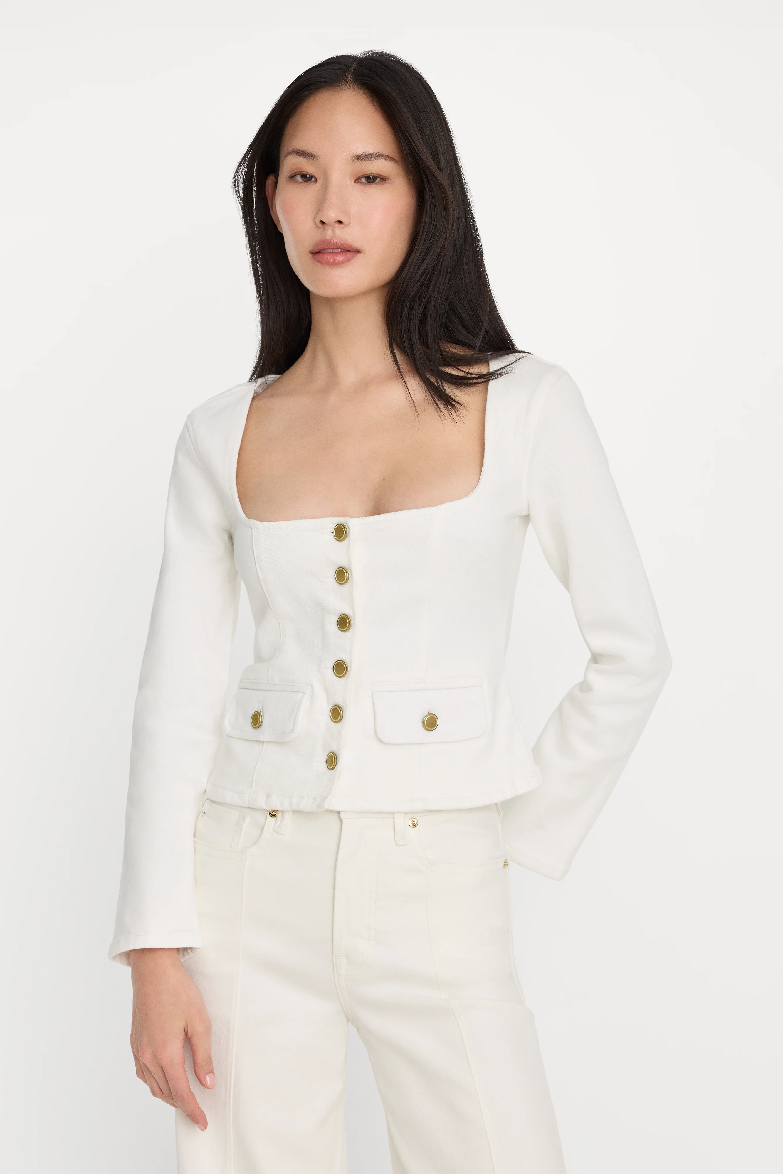 DENIM FITTED BUTTON FRONT JACKET | COTTON WHITE