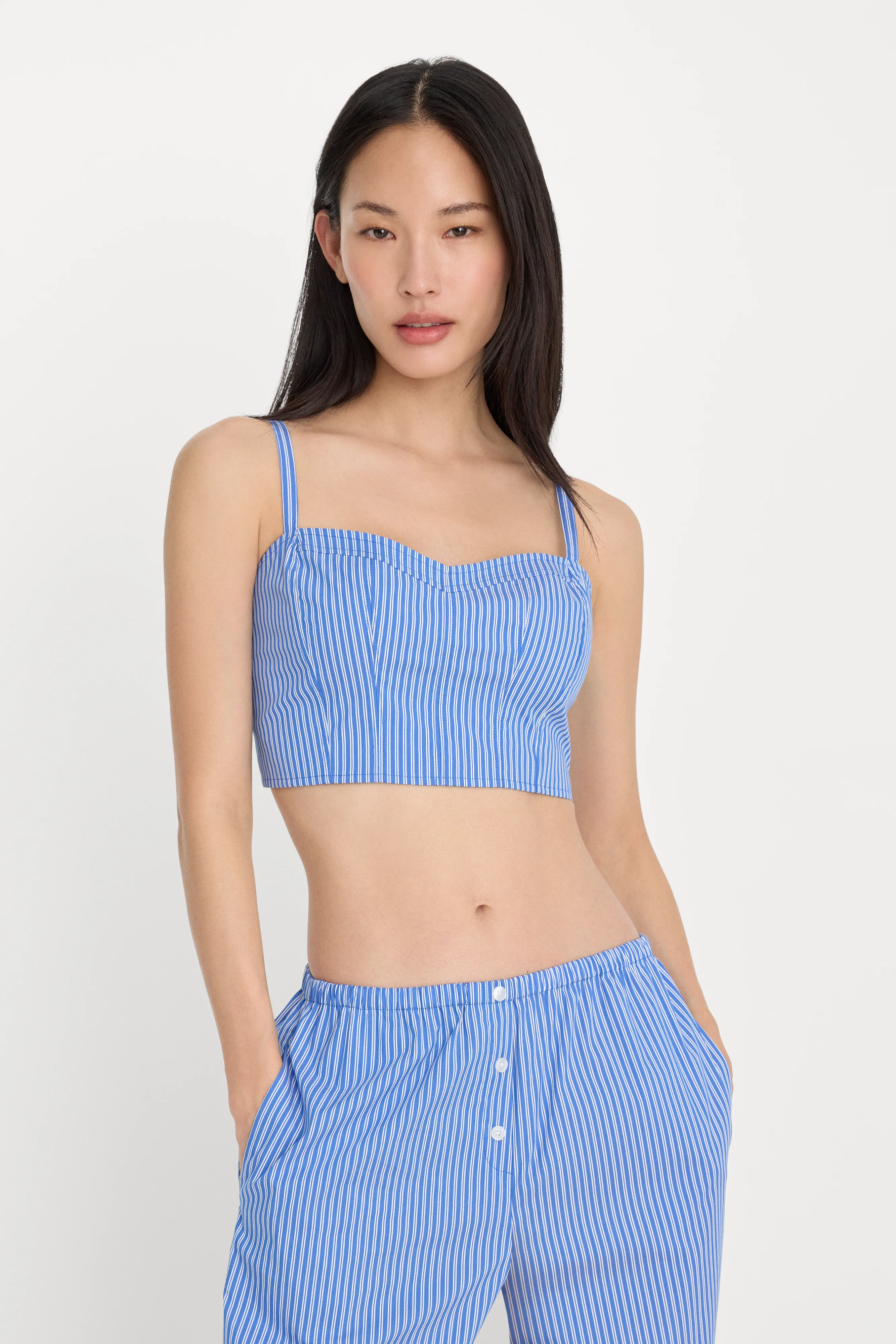 POPLIN BUSTIER CAMI TOP | BLUE AND WHITE STRIPE