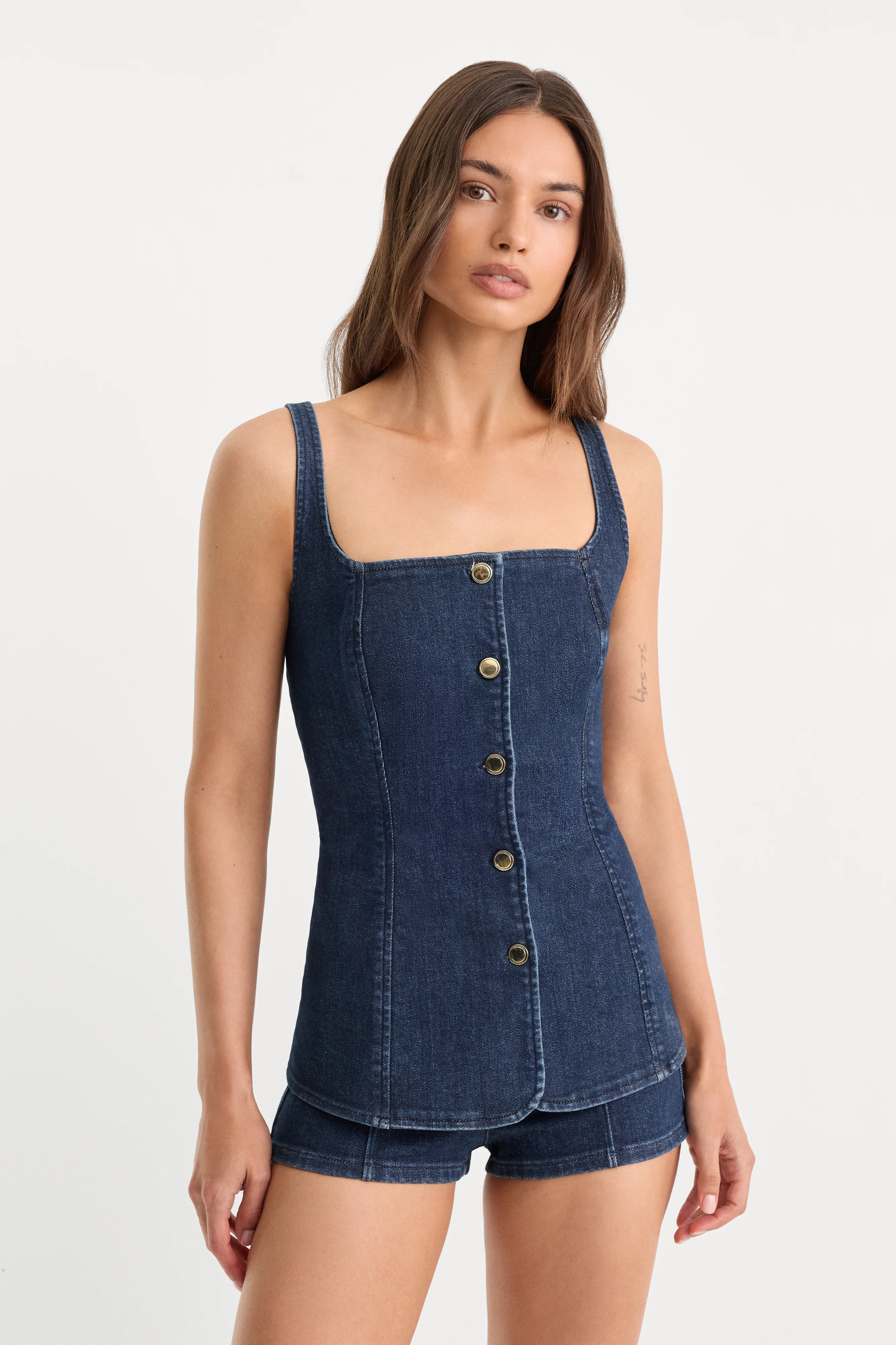 SLEEVELESS DENIM BUTTON FRONT TOP | INDIGO1169