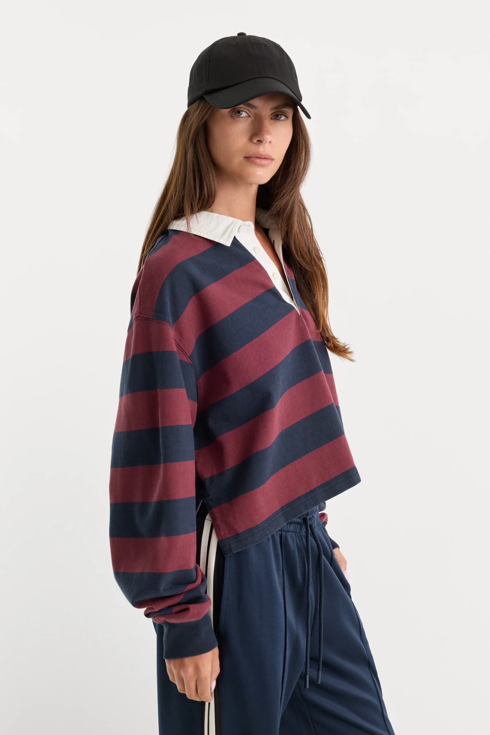THE CROPPED RUGBY POLO | NAVY BERRY NOIR BLOCK STRIPE - Image 2