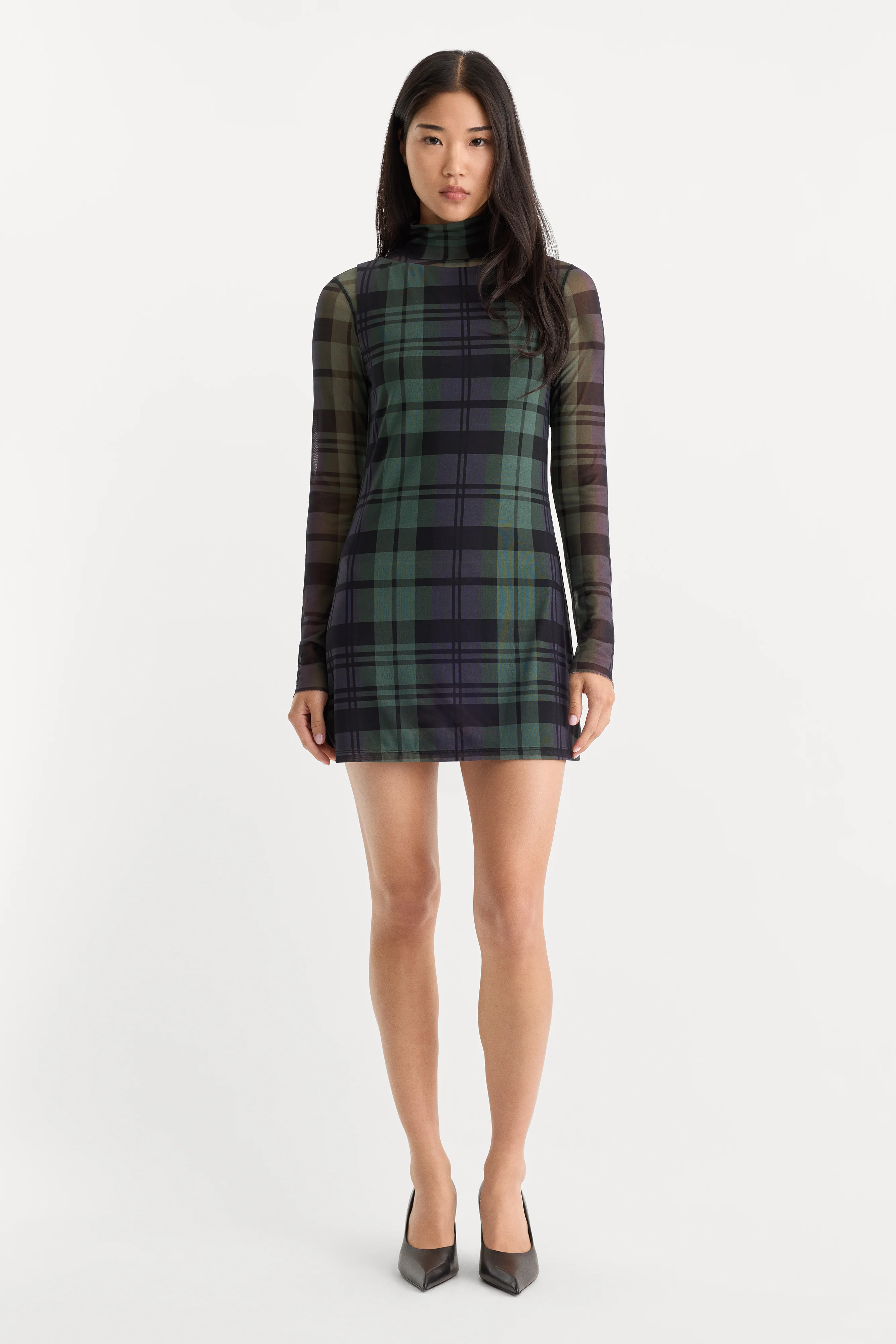 THE MESH MINI DRESS | NAVY AND GREEN PLAID