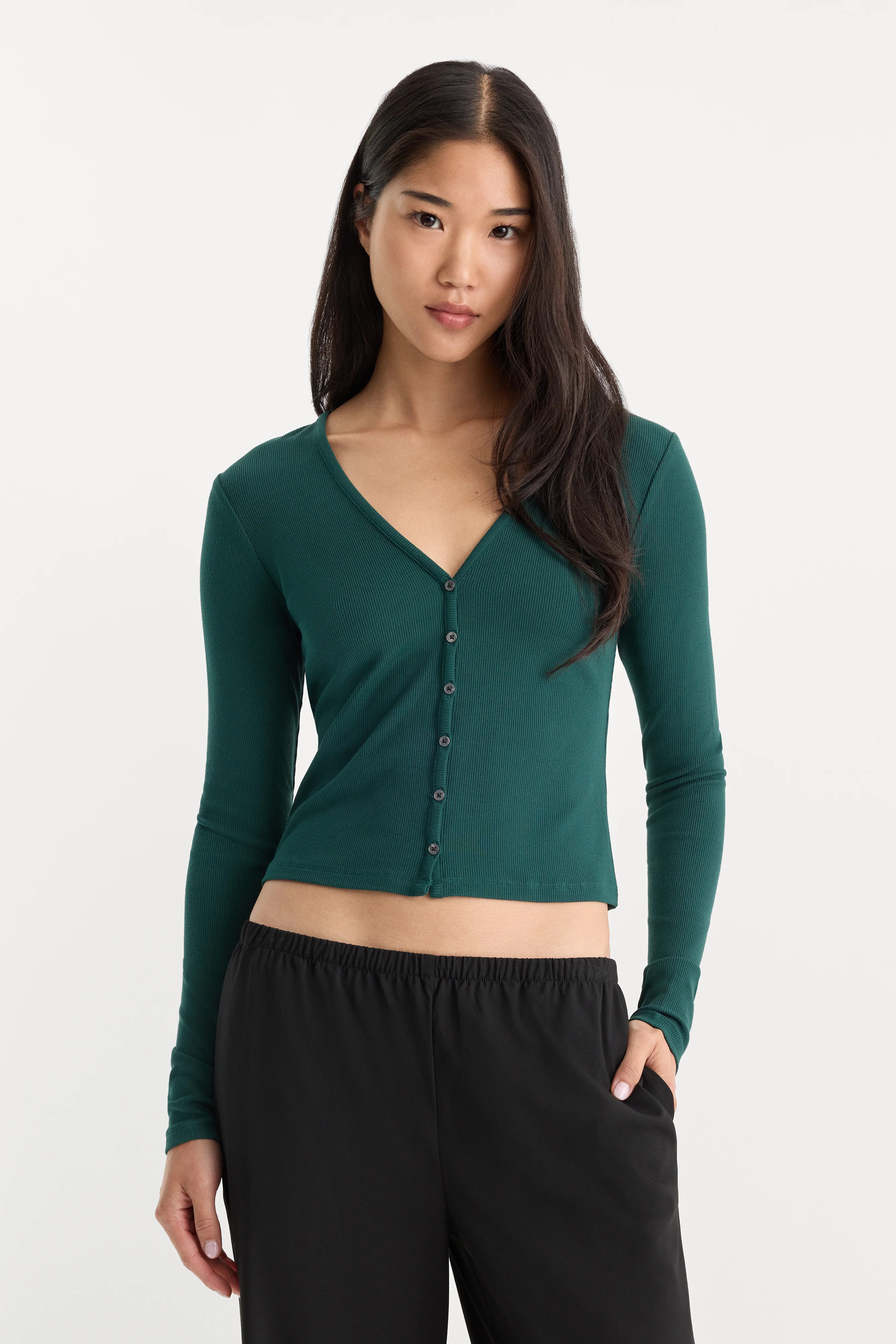 THE RIB V NECK CARDIGAN | FOREST GREEN