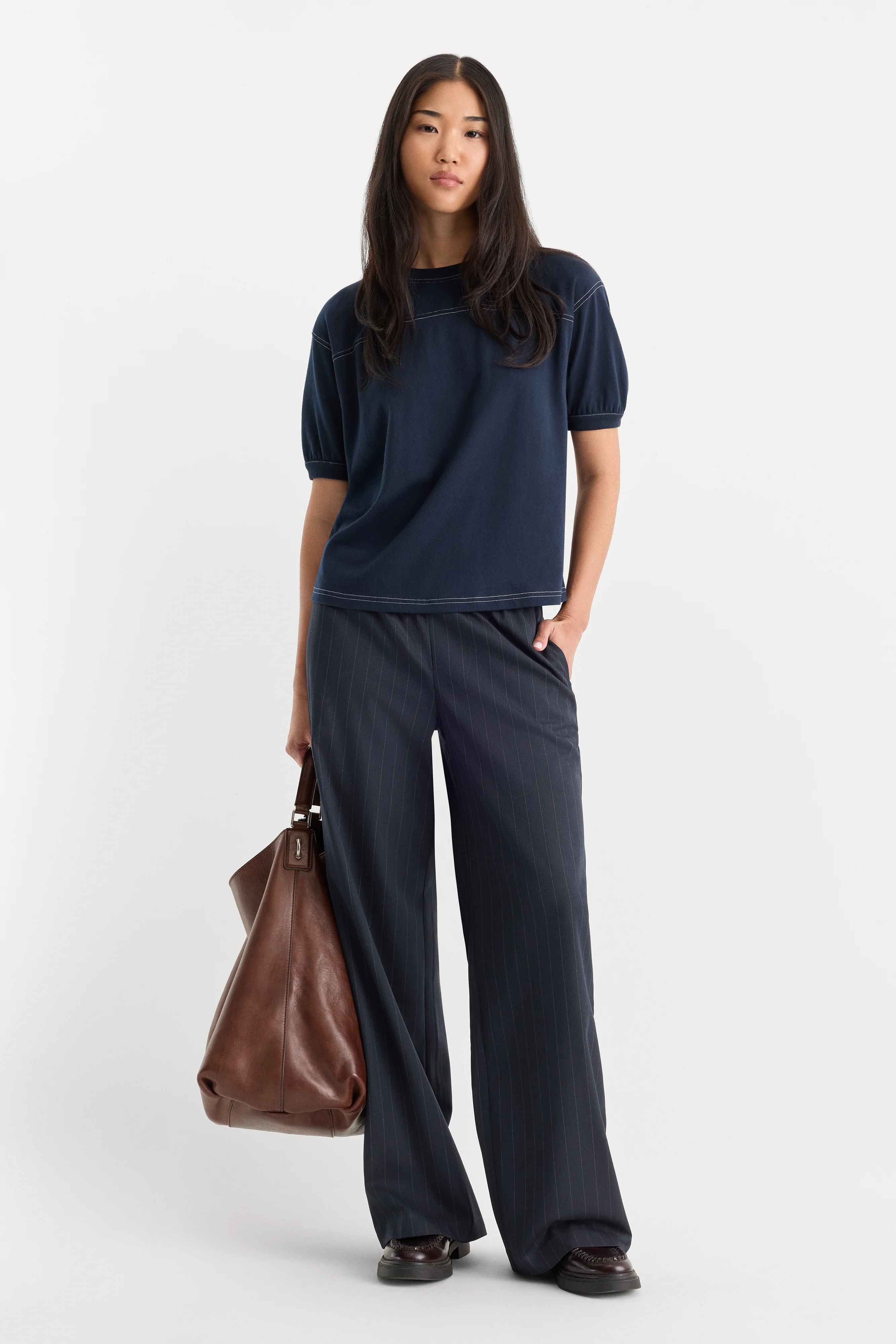 THE PINSTRIPE PULL ON TROUSER | NAVY PINSTRIPE