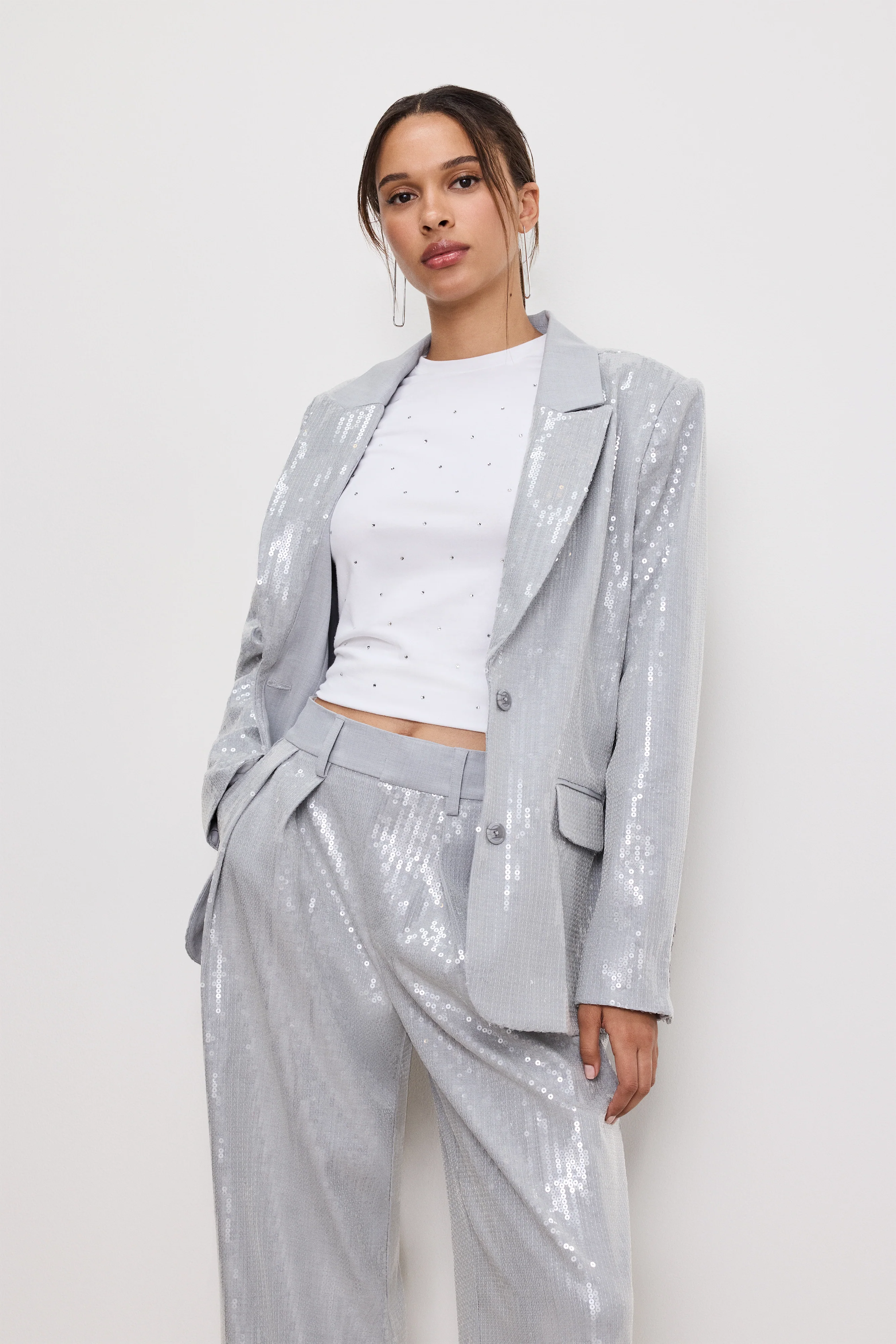 SEQUIN OVERSIZED BLAZER | HEATHER GREY001