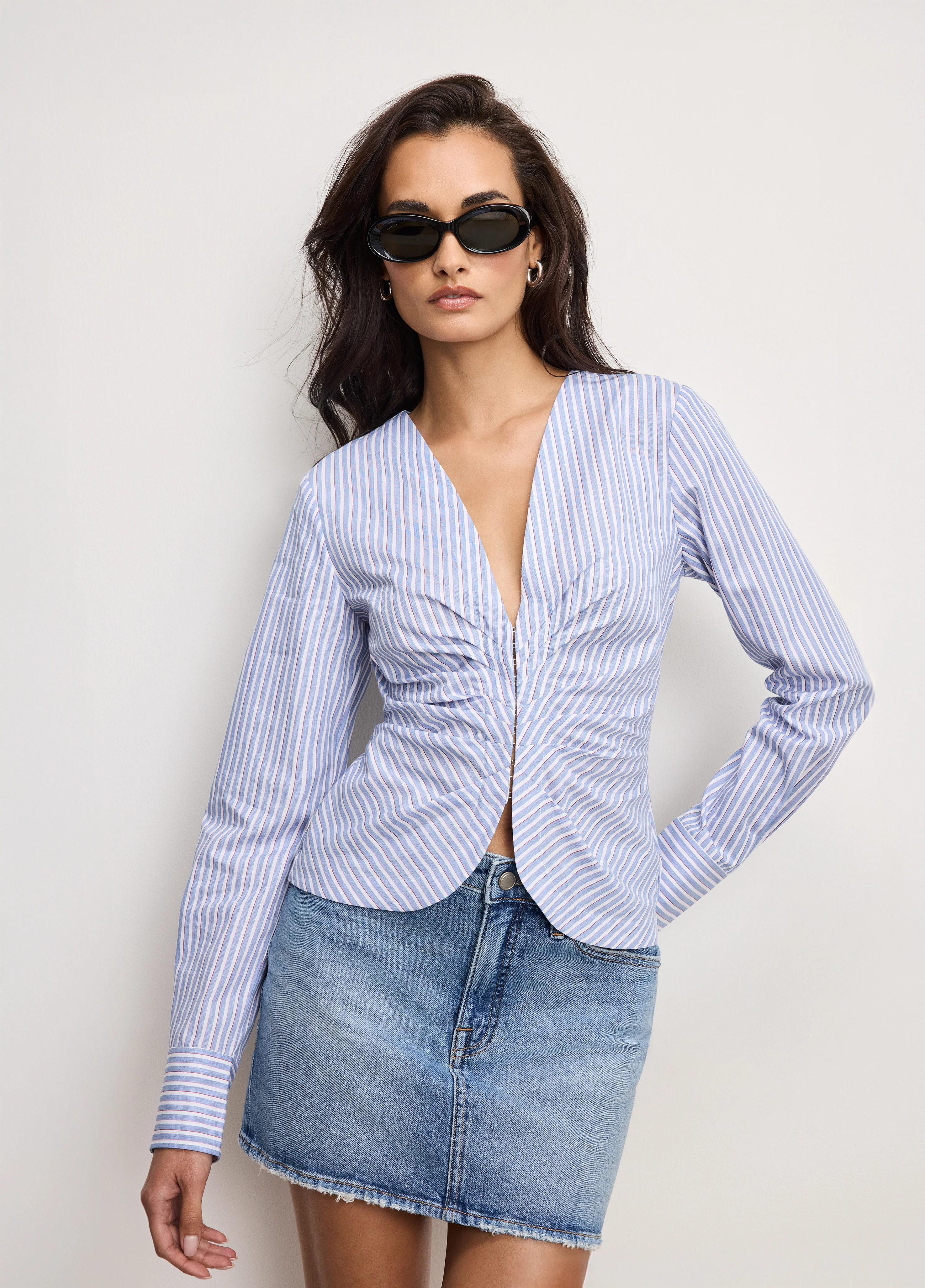 POPLIN RUCHED SHIRT | VACAY STRIPE001