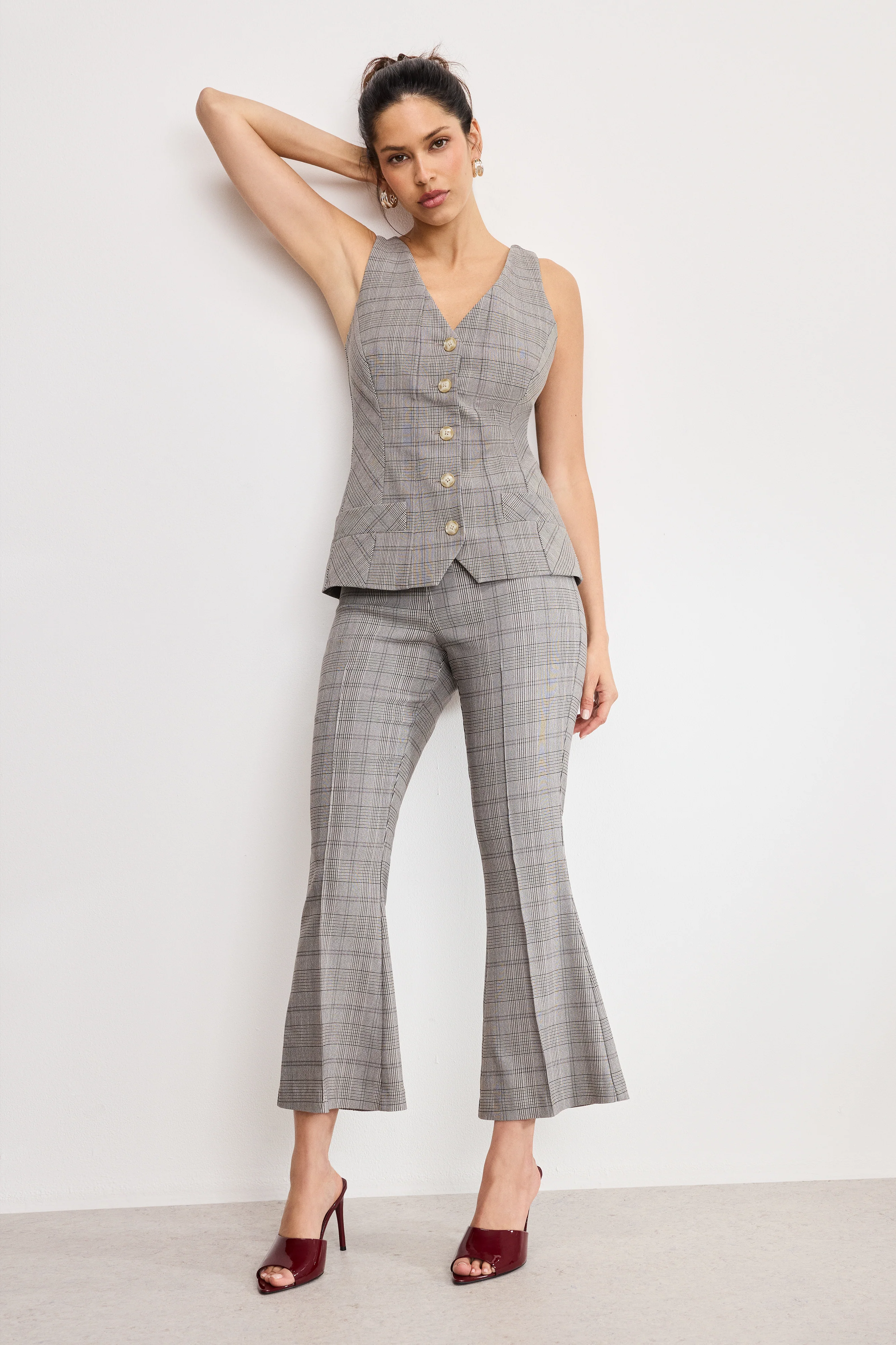 PLAID PULL ON KICK FLARE PANTS | GLEN PLAID001